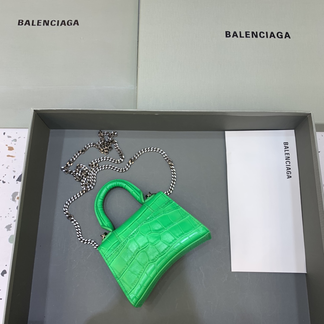 Balenciaga Hourglass Mini Handbag With Chain Crocodile Embossed Shoulder Bag Green